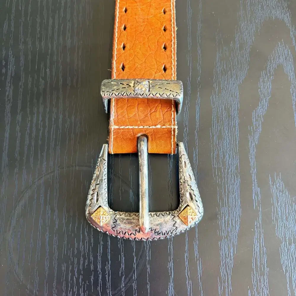 Vintage Western Brown Embossed Ostrich Leather Belt Silver Tone Metal 37”